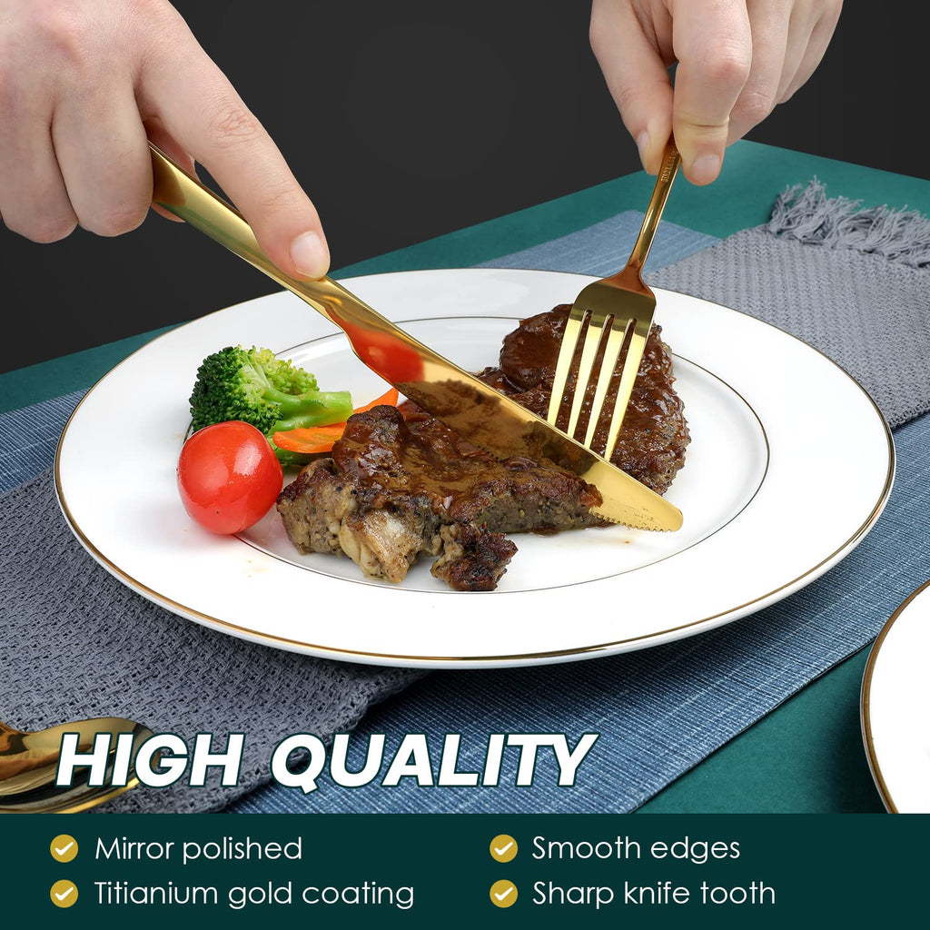 Gold Silverware Set, 24-Piece Gold Forged Stainless Steel Flatware Set, Service of 6