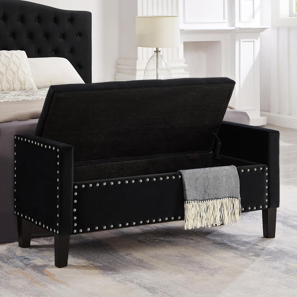 Velvet Storage Ottoman with Armrests and Nails Trim,Entryway Living Room Soft Padded Seat,Bed Bench Bedroom End of