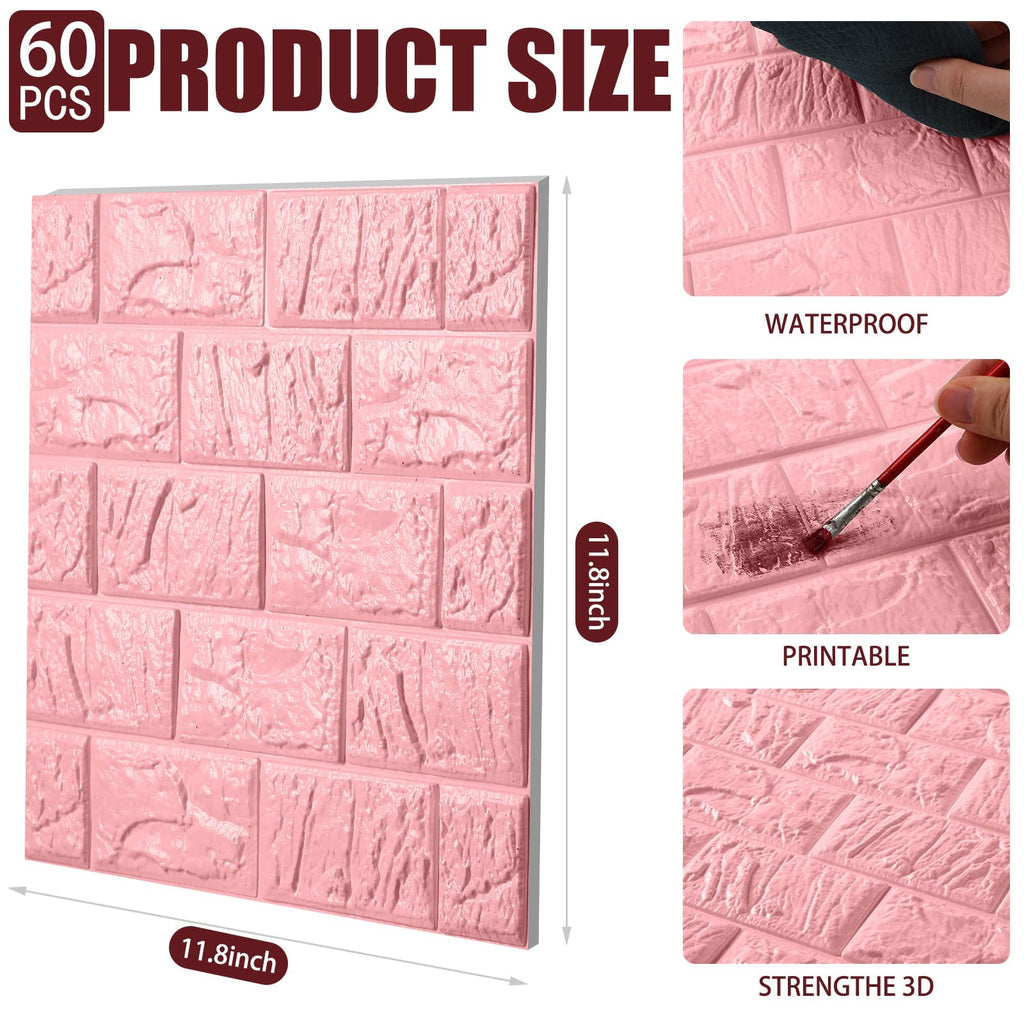 60 Pcs 58 Sq ft 3D Wall Panels Peel and Stick, Pink