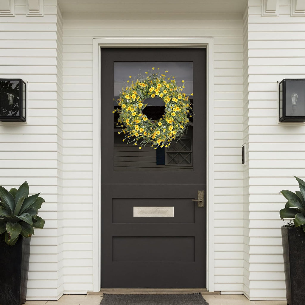Yellow Daisy Wreath 24 Inch Spring Summer Wreath Fake Silk Floral Wreath with Green Eucalyptus Leaves and Lavender
