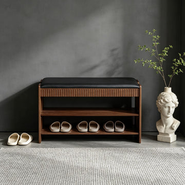Shoe Bench with Cushion, Solid Wood 2 Tier Adjustable Storage Shoe Bench Rack, Closet, Living Room, Hallway