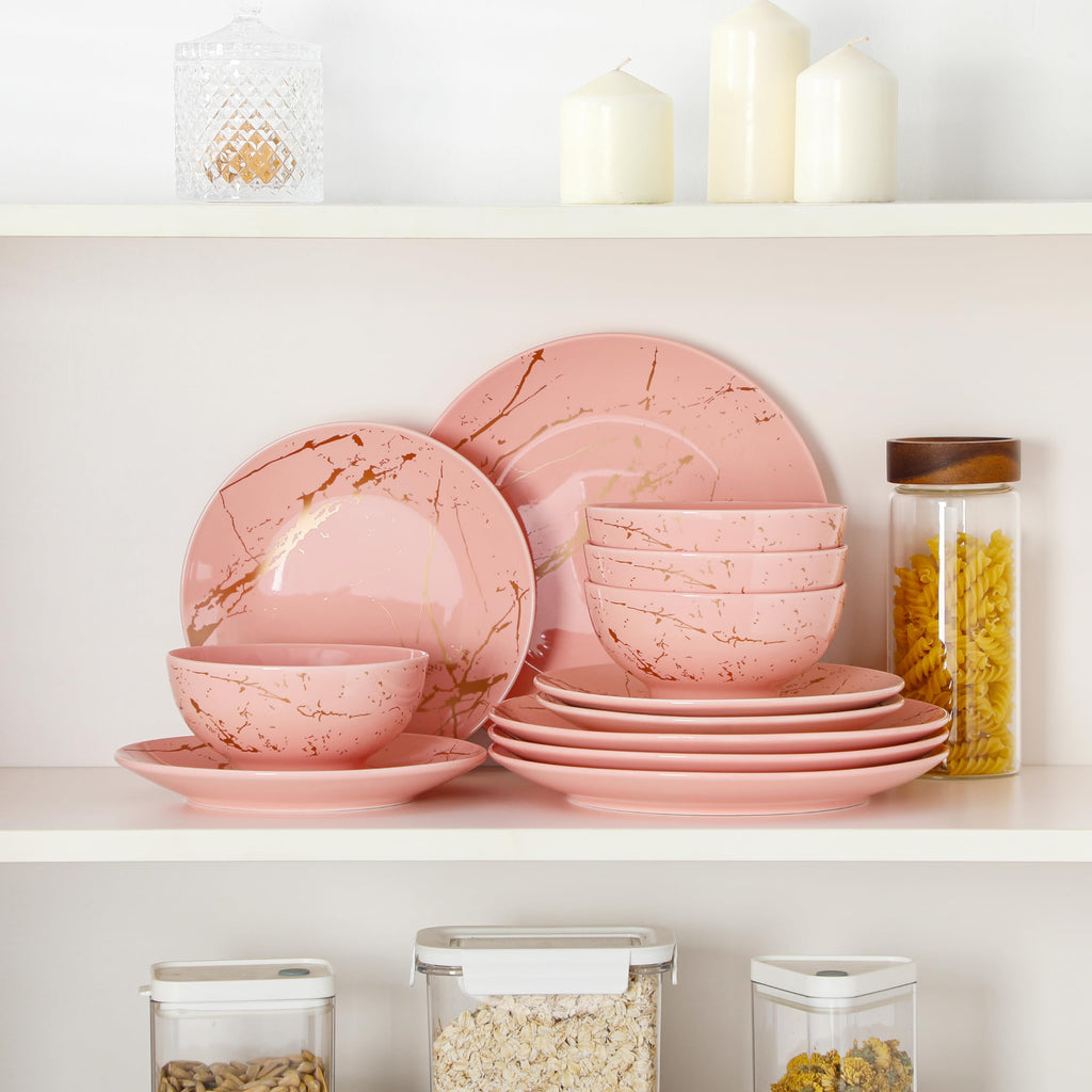 Pink Dinnerware Sets for 4, 12 Piece Porcelain Plates and Bowls Sets, Gold Splash Dish Set, Modern Ceramic Dinner