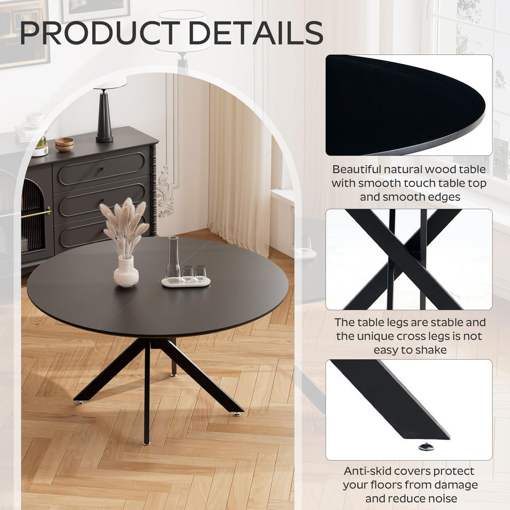 47" Modern Round Kitchen Table for 2-6, Save Space Black Wooden Circle Dining Table with Wooden Table Top &