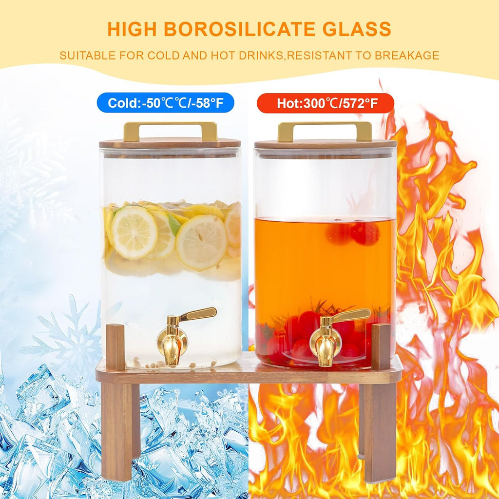 Gallon with Wooden Stand, Drink Dispenser with Stainless Steel Leak-Proof Spigot, Juice & Lemonade Dispenser - Set of 2