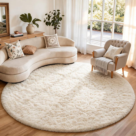 Round Rugs 8Ft Ivory Circle Area Rug, Aesthetic Room Decor, Fluffy Fuzzy Bedroom Carpet, Plush Soft 