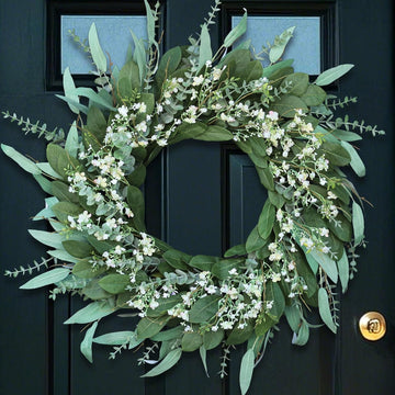 26" Large Artificial Eucalyptus & Flower Wreath for Front Door(Green-White)
