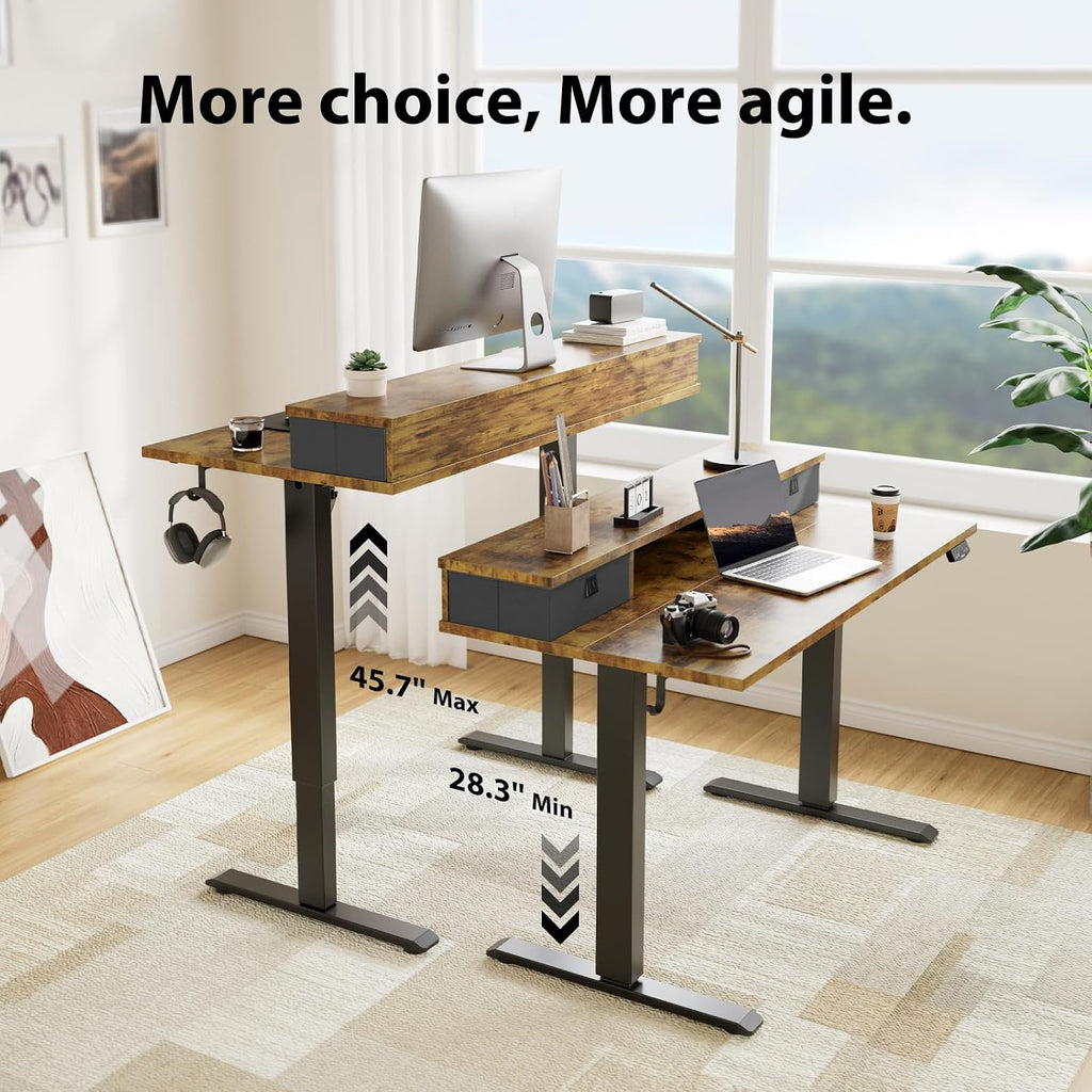 55 * 24 Inch Electric Standing Desk with Drawers, Rustic Brown | Electric Height Adjustable, 2 Storage Drawer