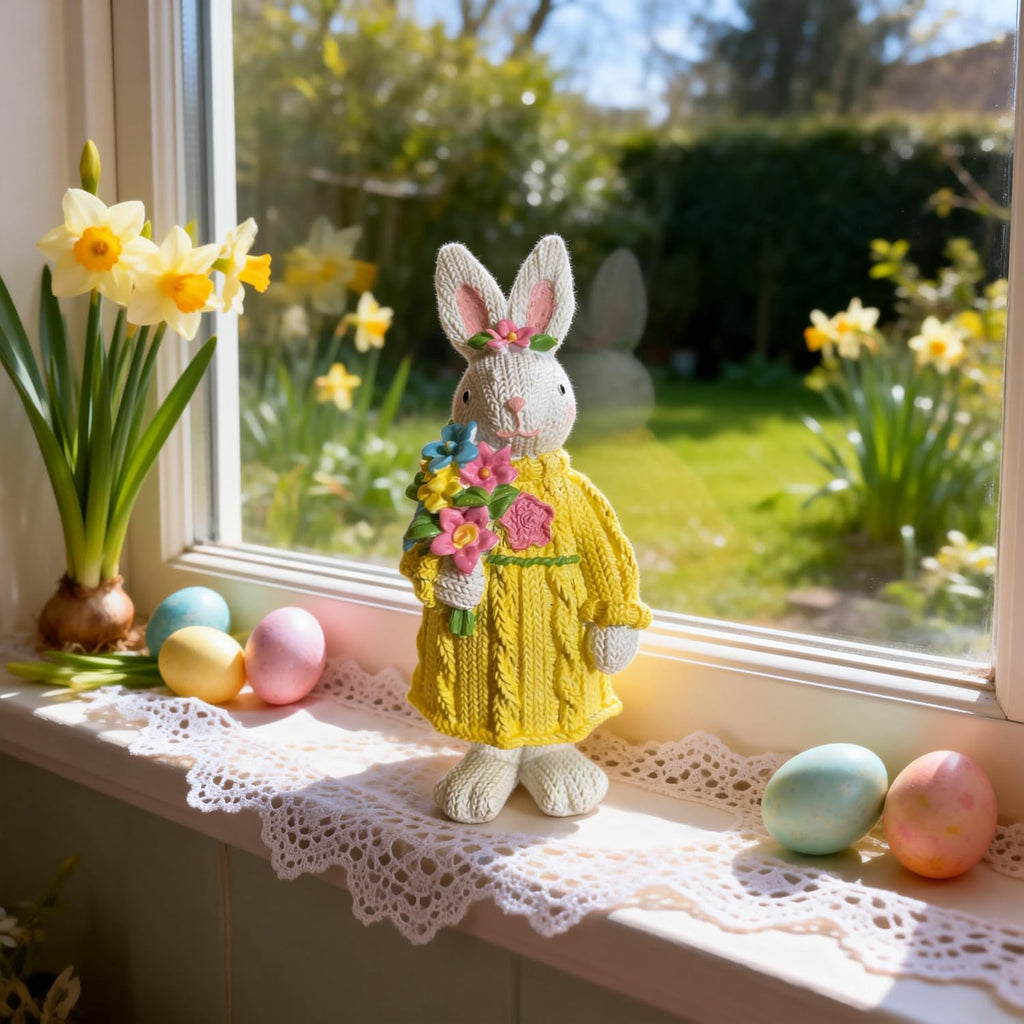 Easter Decorations Bunny Table Decor Rabbit Figurine - Knitted Texture Resin Rabbit Figurine with Flower Bouquet