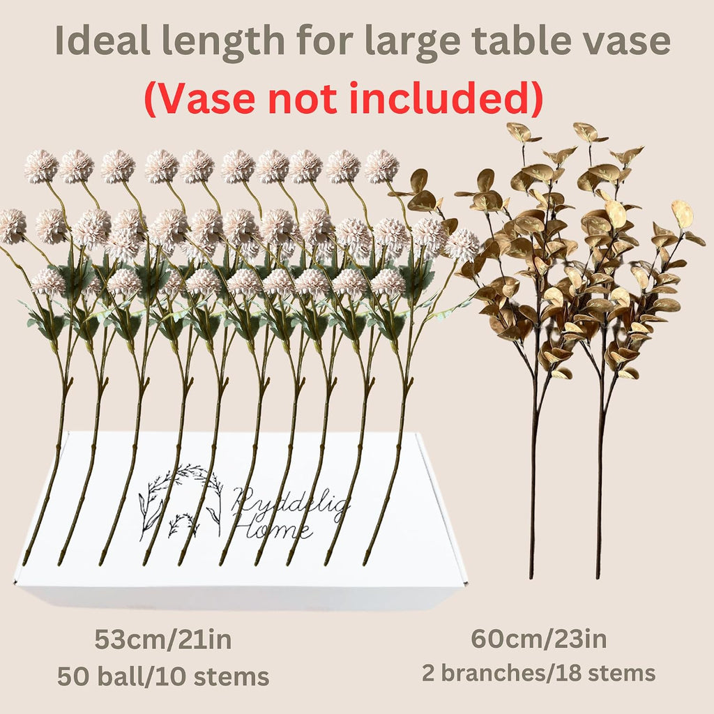 Artificial Flowers for Vase - 12 Stems Beige Faux Silk Mums with Eucalyptus - Set of 12