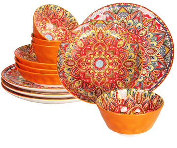 Mandala Dinnerware Sets (12 Pcs) Serves 4, Buffet Dinnerware, Boho Plates and Bowls Dish Set with 8" salad Plate 10"