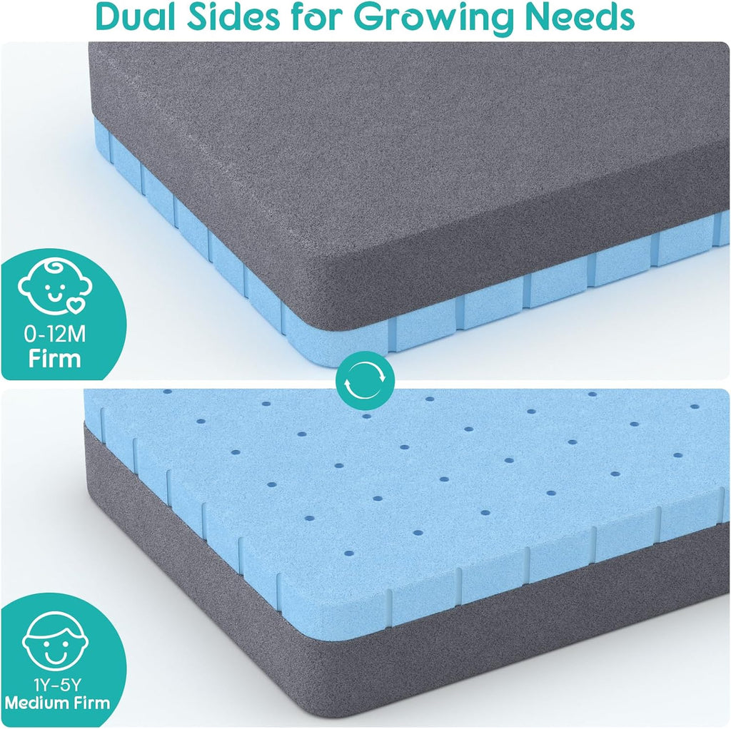 4 in 1 Crib Mattress, 6" Dual Sided Memory Foam Toddler Bed Mattress, Cotton Heat & Tencel Cooling Cover, Firm