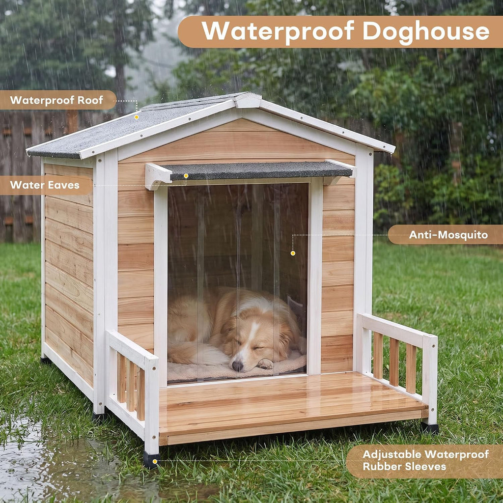 Large Dog House Outdoor Elevated Wooden Dog Kennel with Porch White 43"