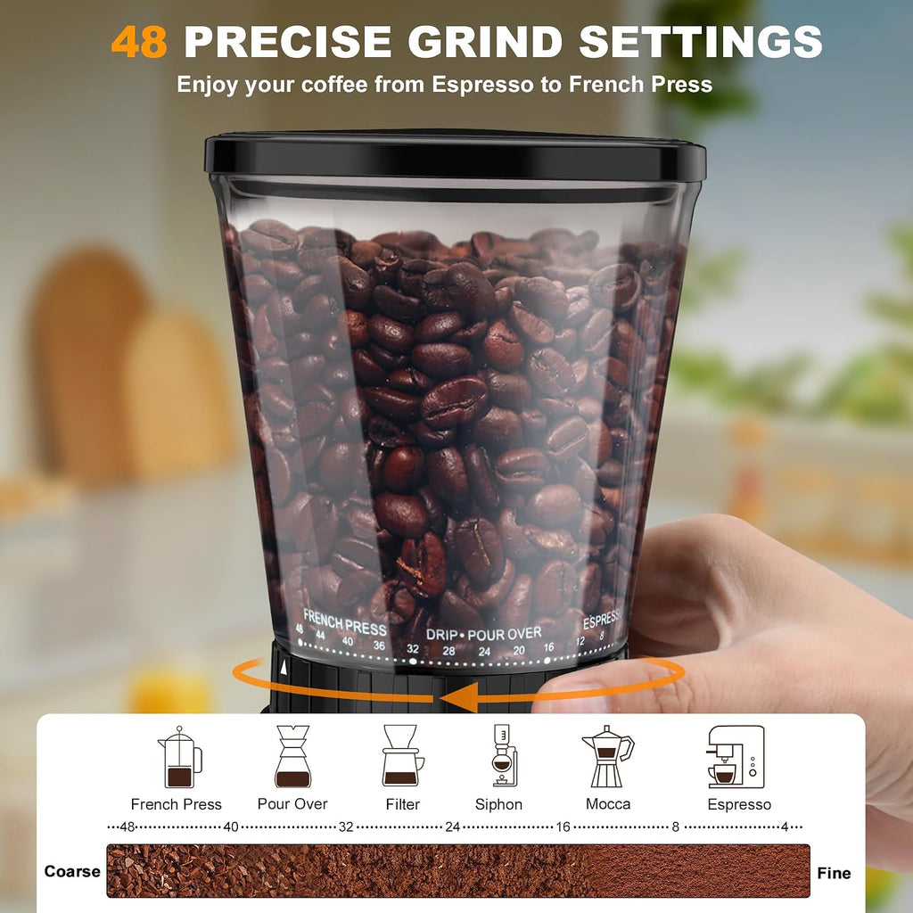 Electric Conical Burr Coffee Grinder with Portafilter Holder, Black | 48 Grind Settings, 35s Timer, Anti-Static, Easy