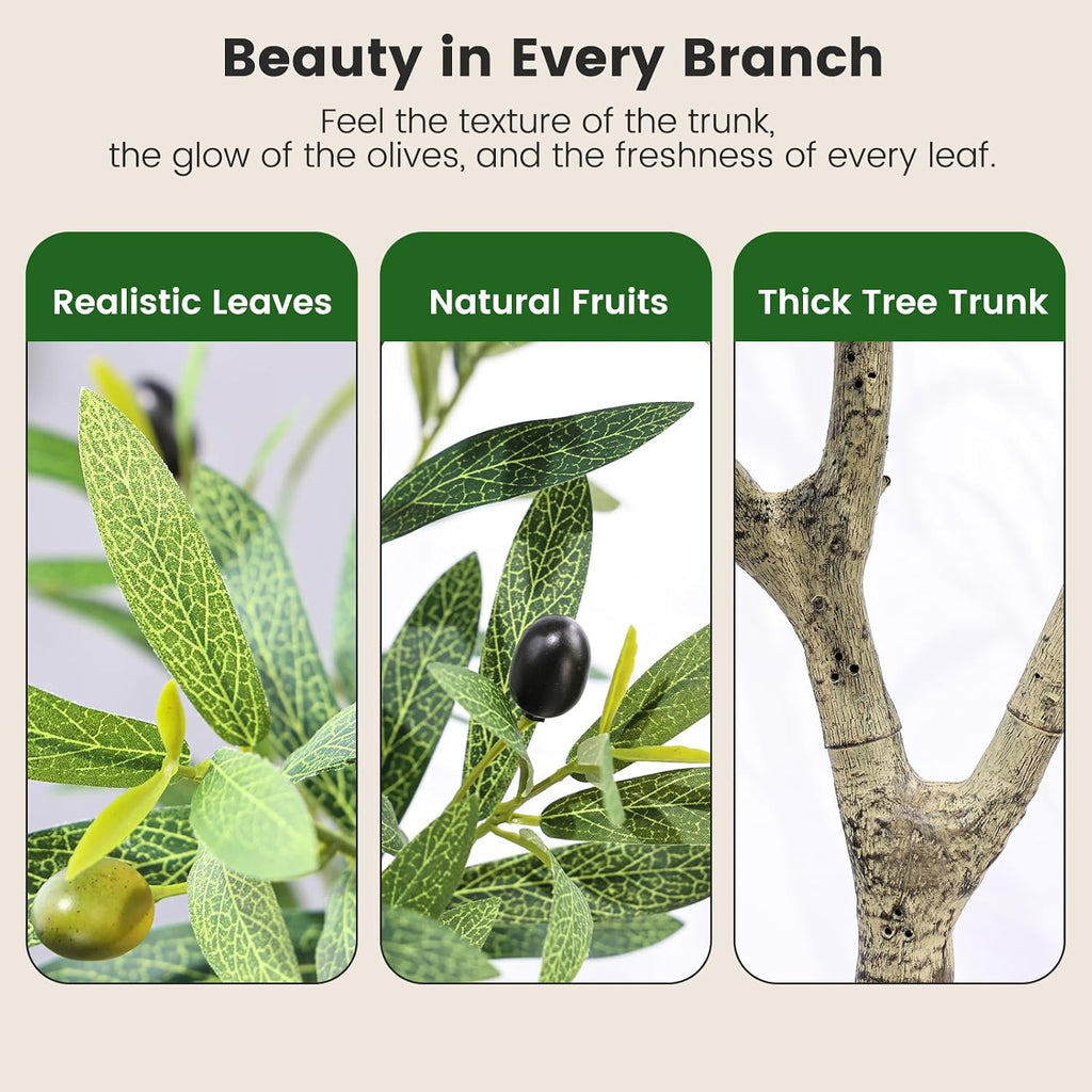 Olive Trees Artificial Indoor, 6ft Tall Olive Tree with White Planter, Faux olive tree with Natural Wood Trunk &