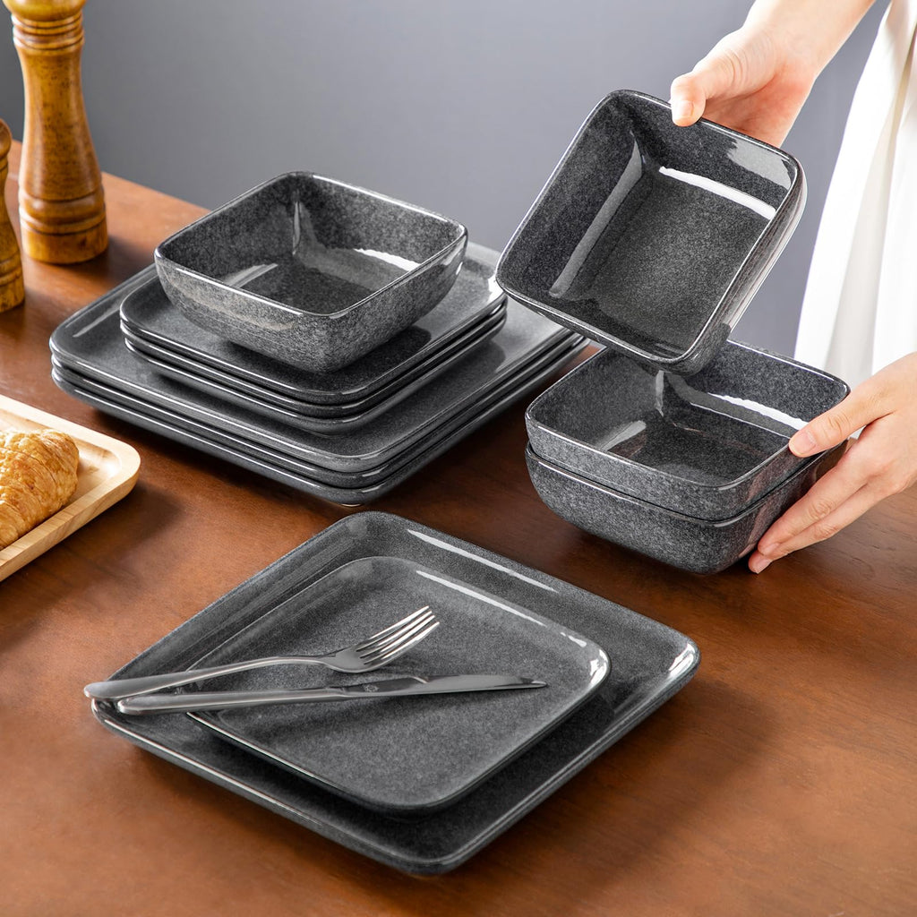 Square Reactive Glaze Stoneware Dinnerware Set, 12-Piece Dish Set