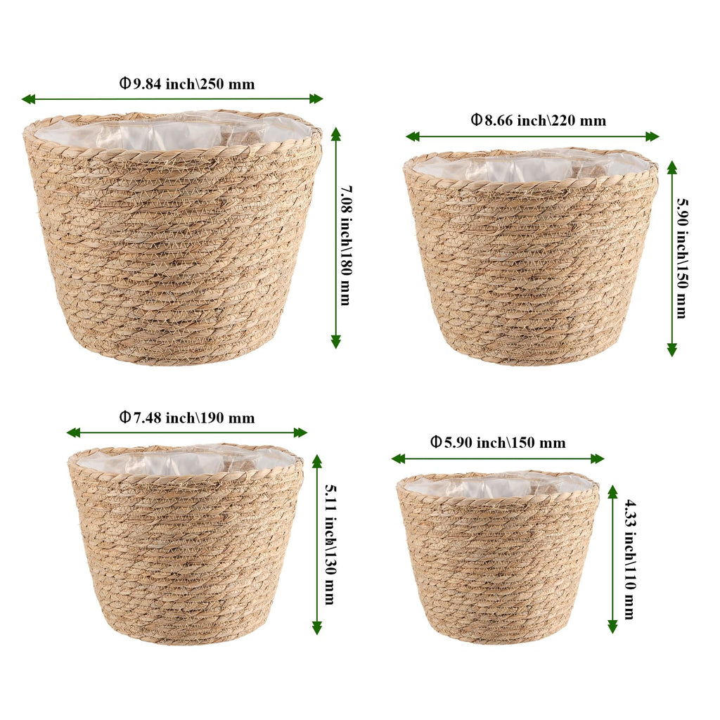 Set of 4 Seagrass Planter Basket, 6" 7" 9" 10" Hand Woven Plant Basket with Waterproof Plastic Liner, Round Natural