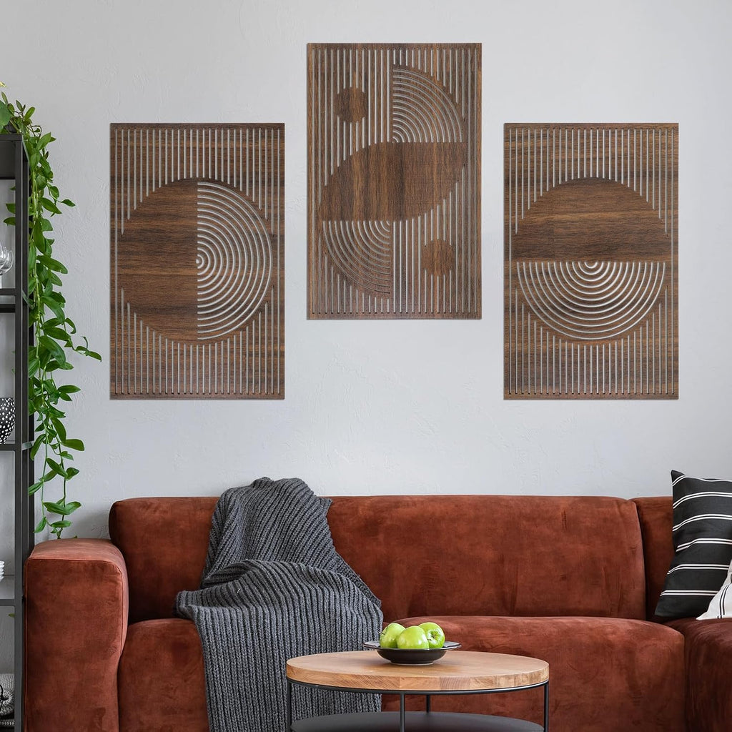 Mid Century Modern Wood Wall Art Decorations 3D Geometric Abstract Wall Sculpture Bedroom Office Minimalist - Set of 3
