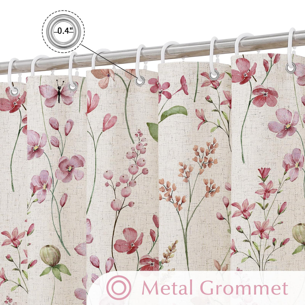 Linen Farmhouse Floral, Pink Butterfly Flower, Modern Minimalist White Waterproof Fabric Set, 72x72 Inch
