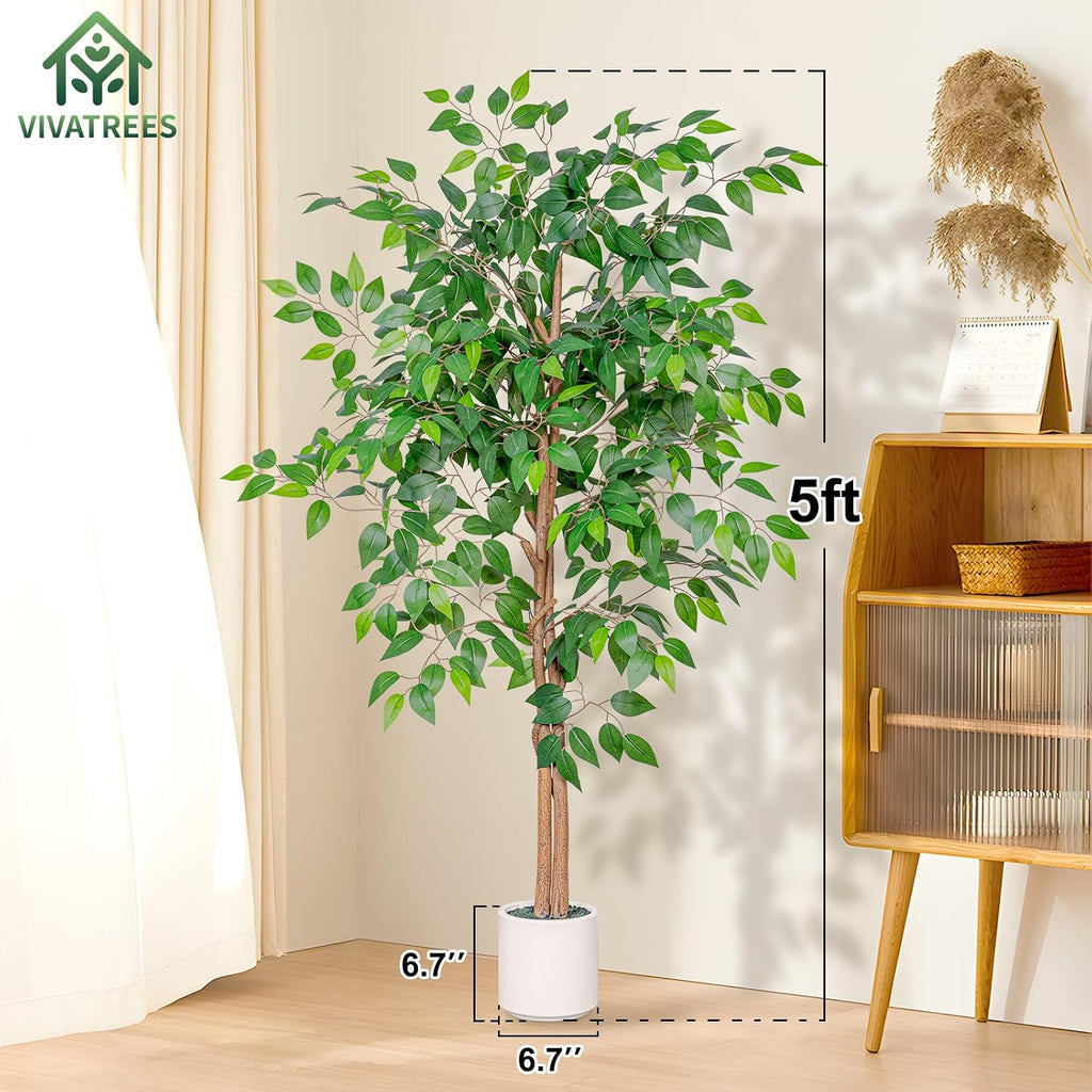 5FT Artificial Ficus Tree with White Planter, Realistic Faux Silk Indoor Outdoor Plant Living Room, Porch, Garden