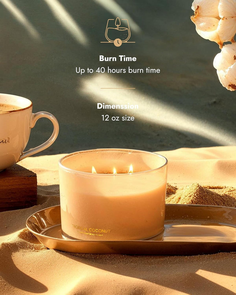 Luxury Coconut Soy Candle | Large 3 Wick Jar Candle | Up to 50 Hours Burning Time | Tropical Beach Scented Candles - Set of 12