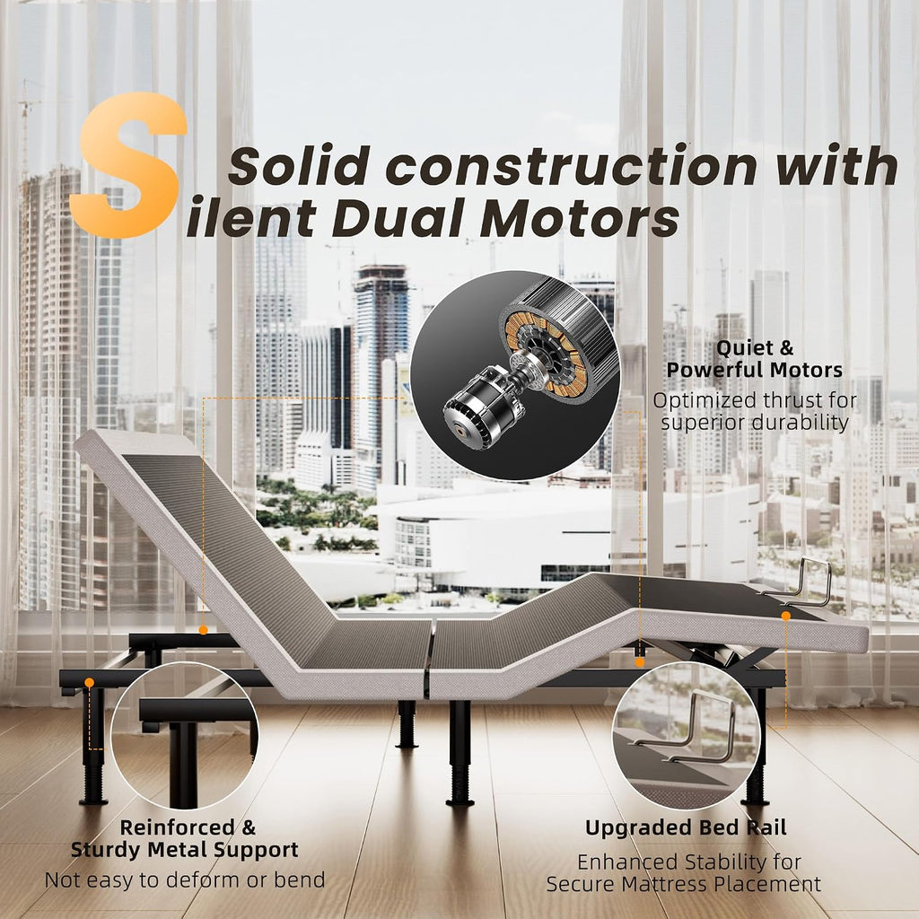 King Adjustable Bed Frame with Massage, Wireless Remote, Head Foot Incline, USB, Underbed Light - Heavy Duty