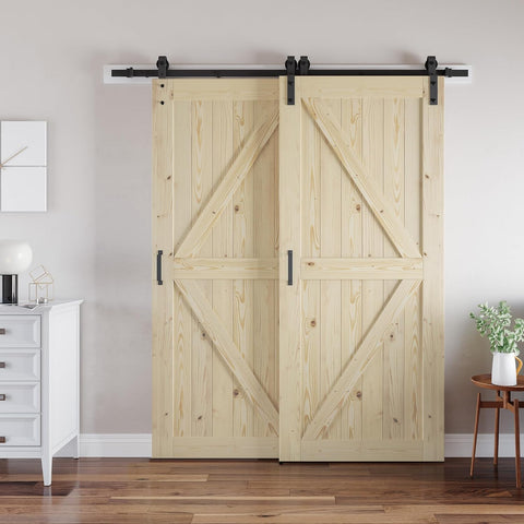 Double 30x80 in Door, for 51"x80" Opening, Solid Wood Panelled Bypass Barn Door with Sliding Hardwar