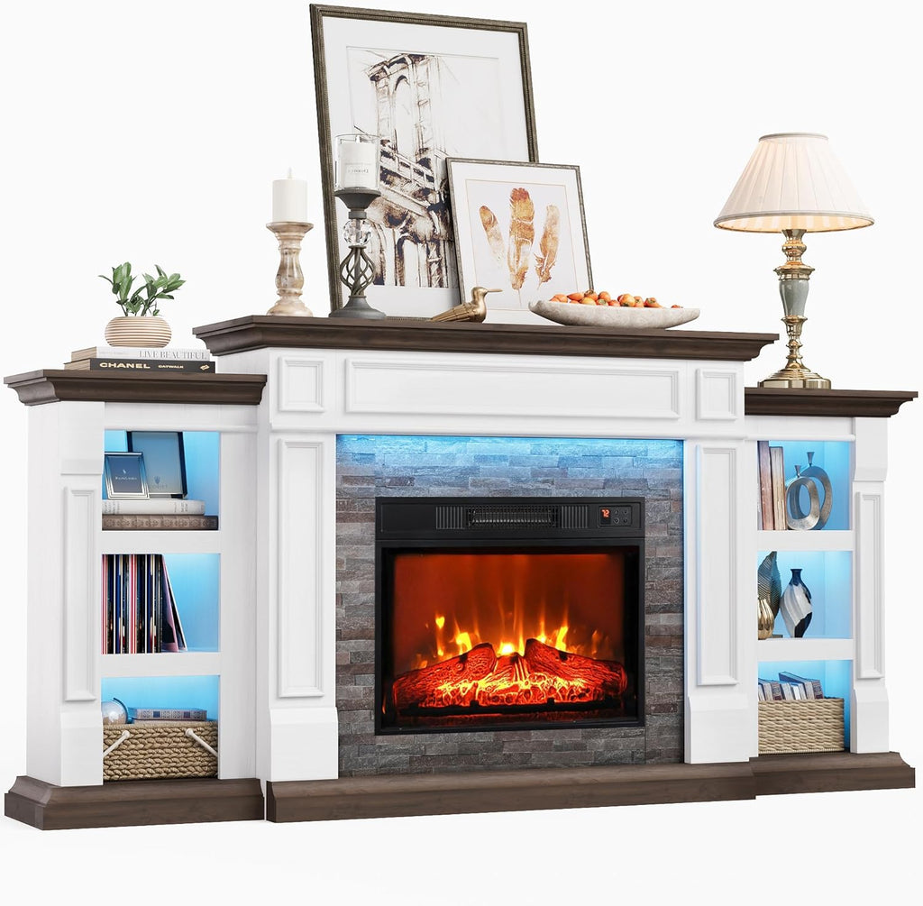 72 Inch Electric Fireplace TV Stand with Mantel and Storage Cabinets, LED Lighting, Stacked Stone Surround and 3D Realistic Flame with Remote Control