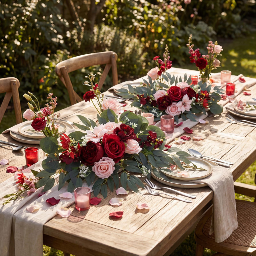 4 Pcs Fall Wedding Arch Flower Artificial Faux Floral Swag, Rose Red