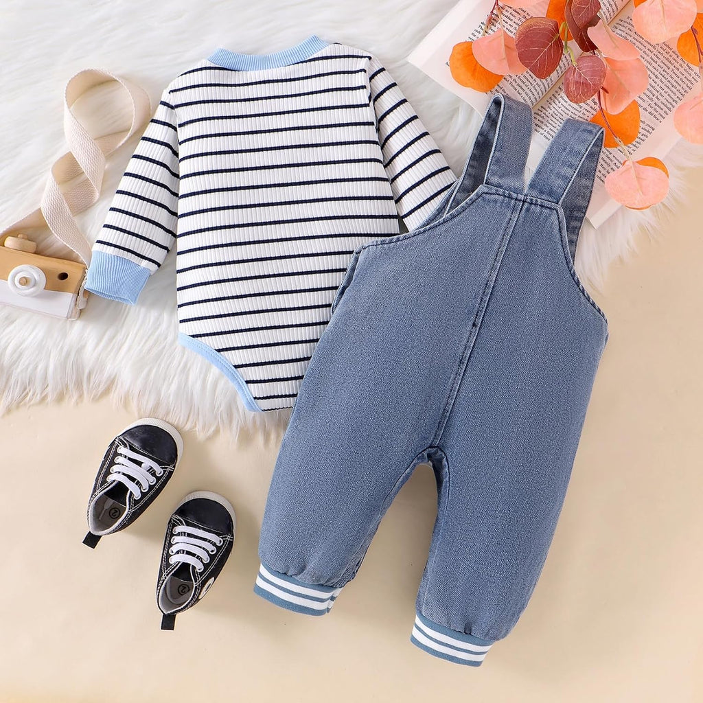 Baby Boy Clothes Fall Winter Outfits Long Sleeve Striped Romper Cute Cartoon Jeans Overalls Pants Set