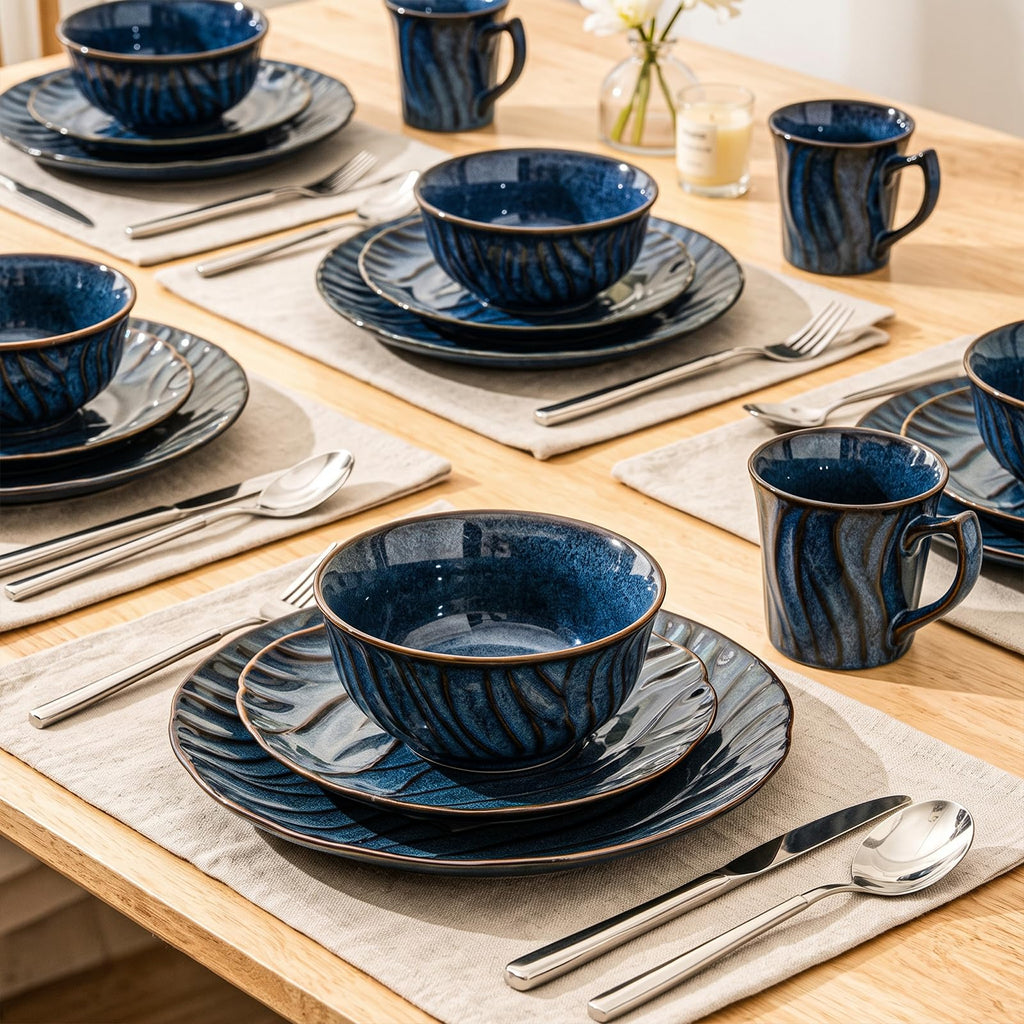 Ceramic Dinnerware Sets for 4, 16 pcs Plates and Bowls Sets, Reactive Glaze Ceramic Dish Set, Scratch Resistant