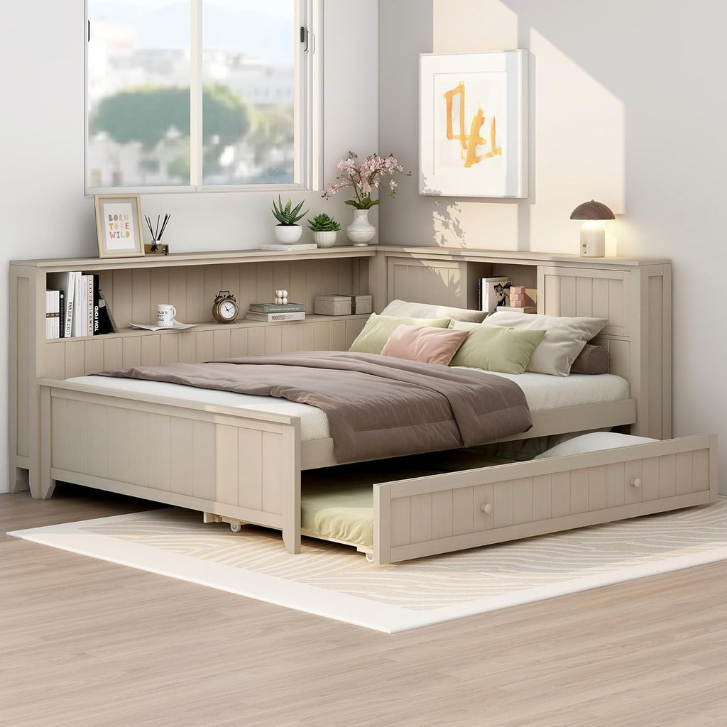 Full Size Daybed with Trundle and Shelves, Wood Corner Bed Frame with Bookcase and Headboard