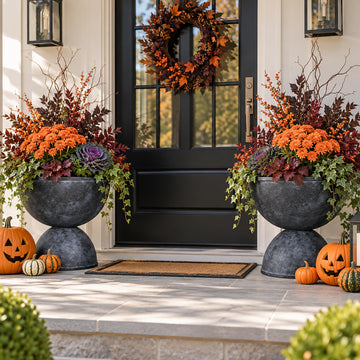 18" Dia. Wide Planters, Black Urn Flower Pots, 2 Pack