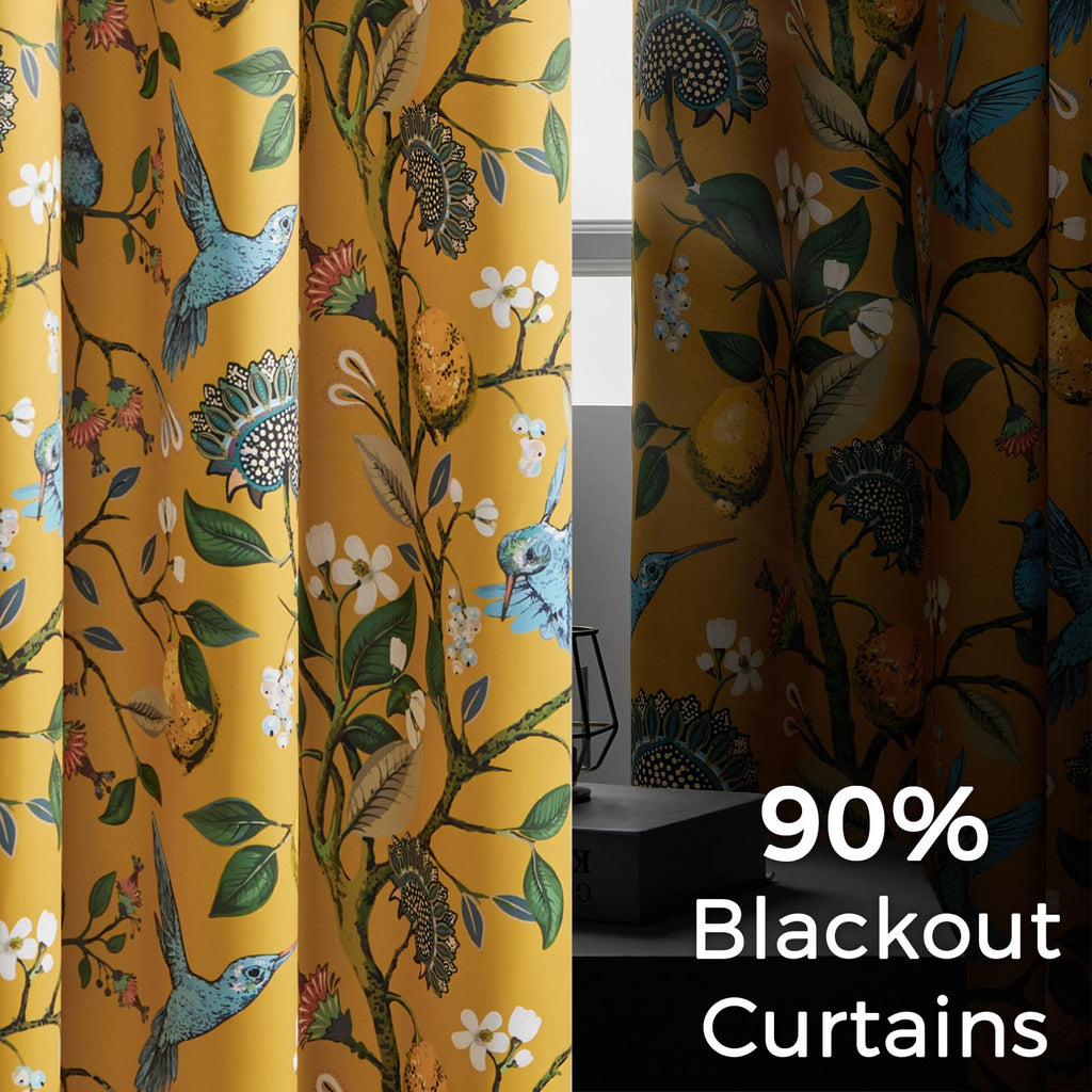 Extra Long 108 Inches Curtains for Large Window Luxury Mustard Yellow Floor To Ceiling Blackout Vintage Floral