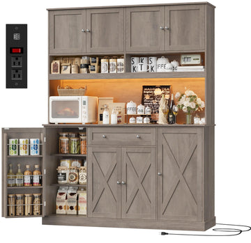 72.8"Hx55"W Pantry Cabinet with LED & Charging Station, Kitchen Hutch