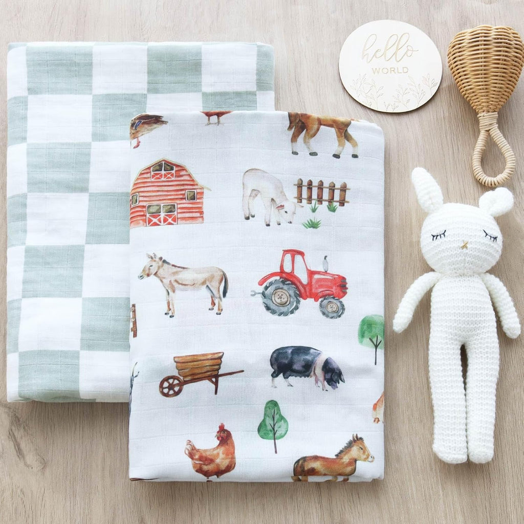 Muslin Swaddle Blankets, Farm Animals Baby Swaddling Wrap Nursery Receiving Blanket for Boys & Girls, Soft 70%