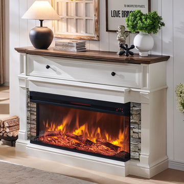 52" Electric Fireplace with Mantel, Fireplace TV Stand, Antique White