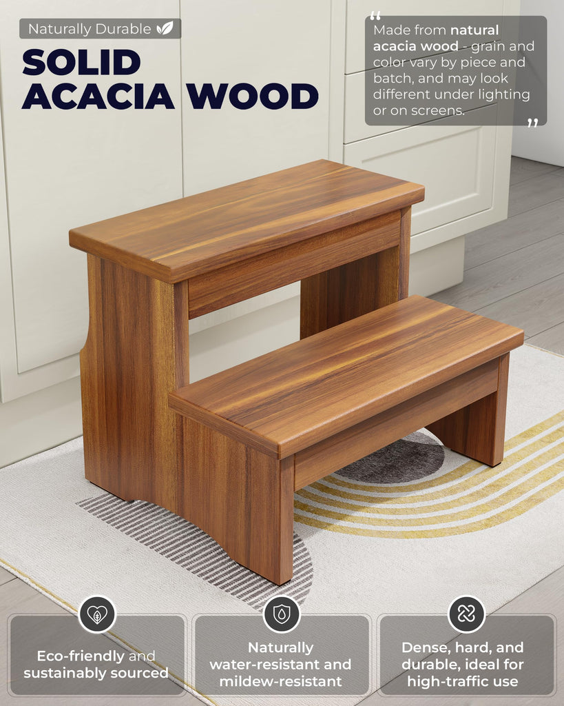 Wooden Two Step Stool for Adults, Heavy Duty Acacia Wood Bed Step