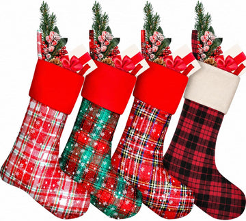 4 Pack Buffalo Plaid Christmas Stocking, 20 Inch Large Burlap Snowflake Christmas Stockings, Fireplace Hanging