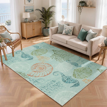 Boho Coastal 5x7 Washable Area Rugs, Green/Coral