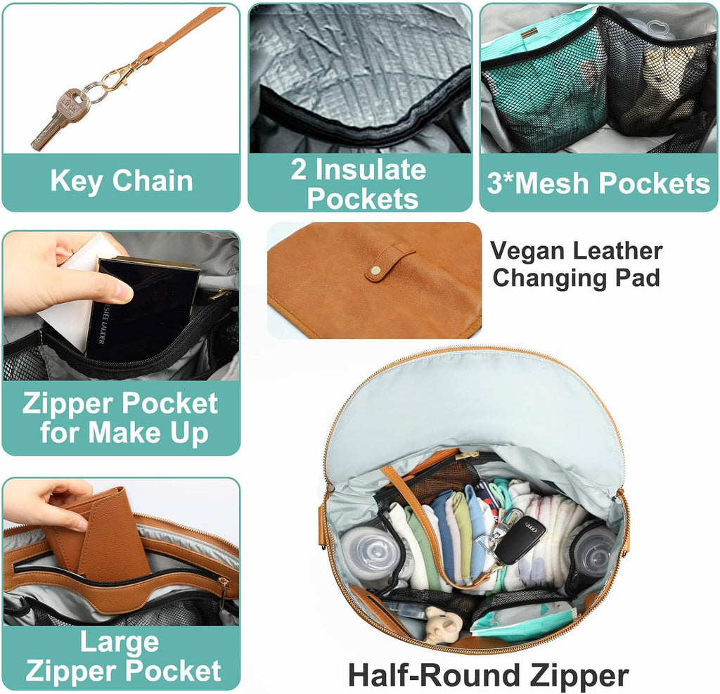 Diaper bag, Leather Diaper Bag Backpack by, Diaper Backpack with Laptop Sleeve,Changing Pad,Wipes Pouch,Stroller