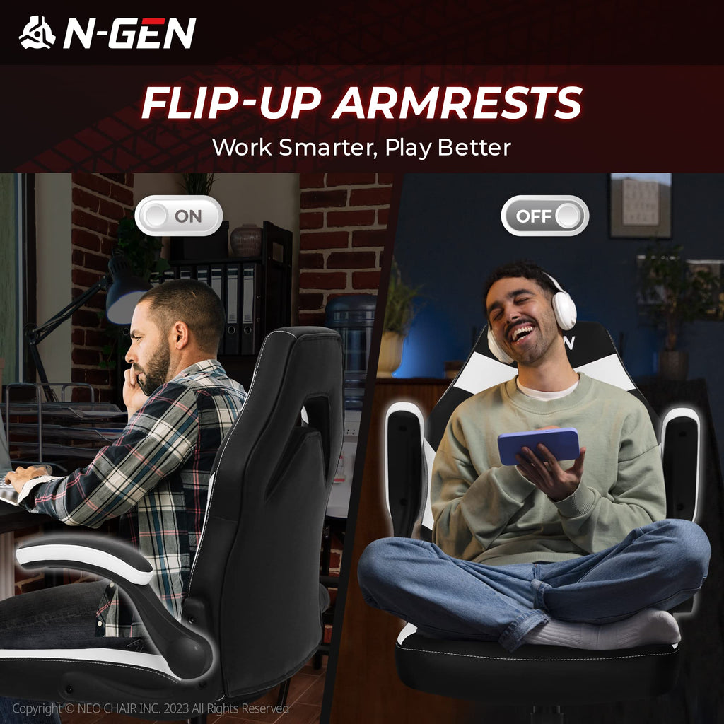Gaming Chair, Lumbar, PU Leather, Flip-Up Arms, White