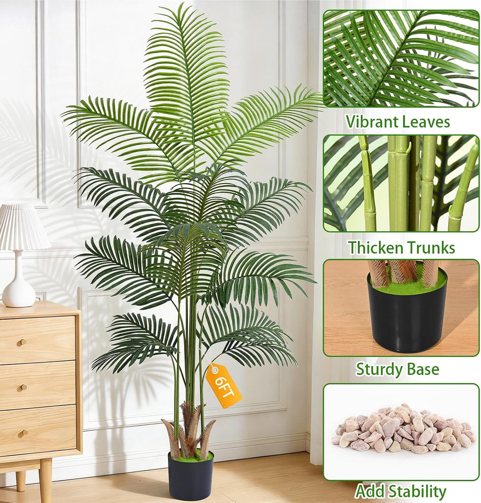 6 FT Artificial Plants Indoor, Tall Plant Palm Tree with Weighted Planter, Tropical Fake Tree with Realistic Leaves &