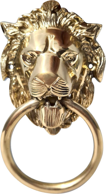 Unique Look Handcrafted Shiny Brass Polished Lion Front Face Door Knocker Home Entrance Décor Accessory Mounting