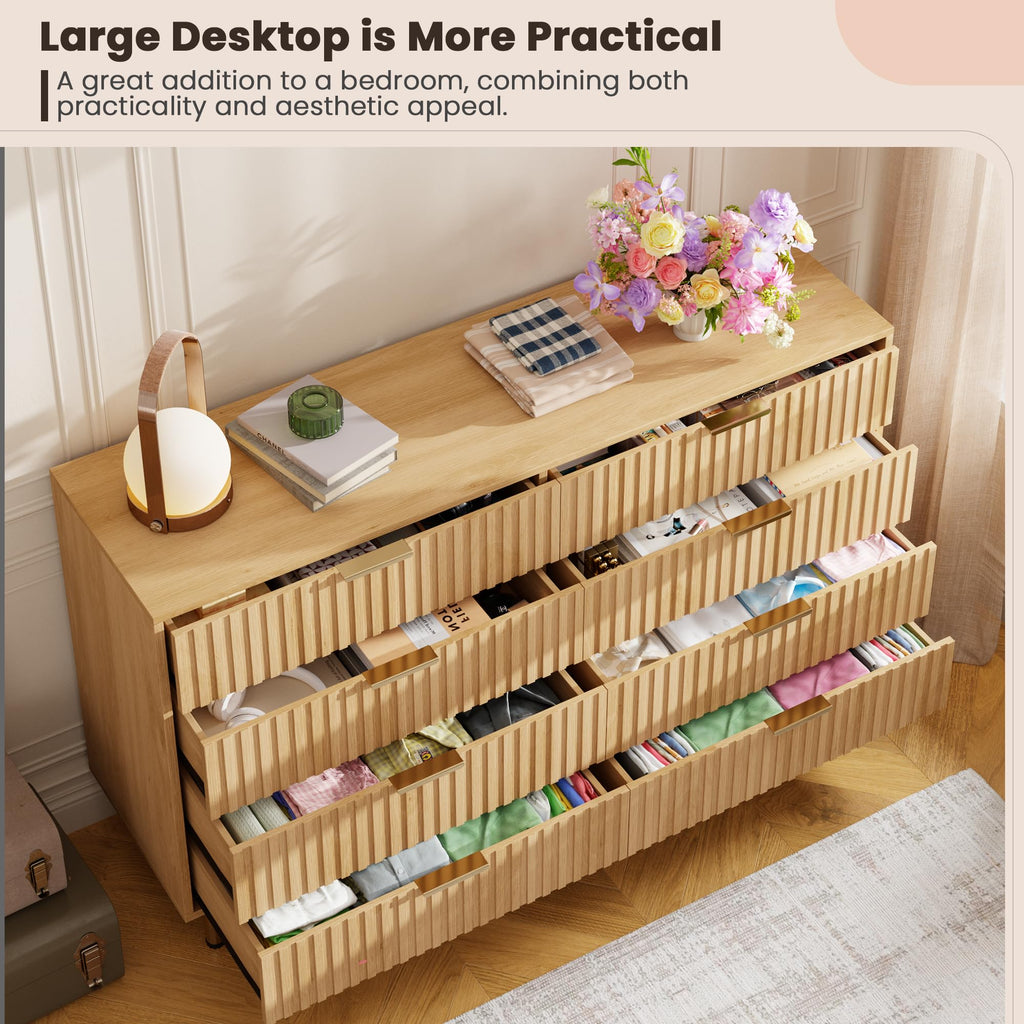55" Fluted Natural 8 Drawer Dresser with Deep Drawer