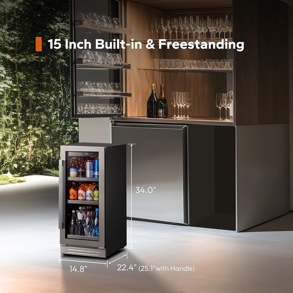 15 Inch Beverage Refrigerator Cooler - 100 Can Mini Fridge with Glass Door for S