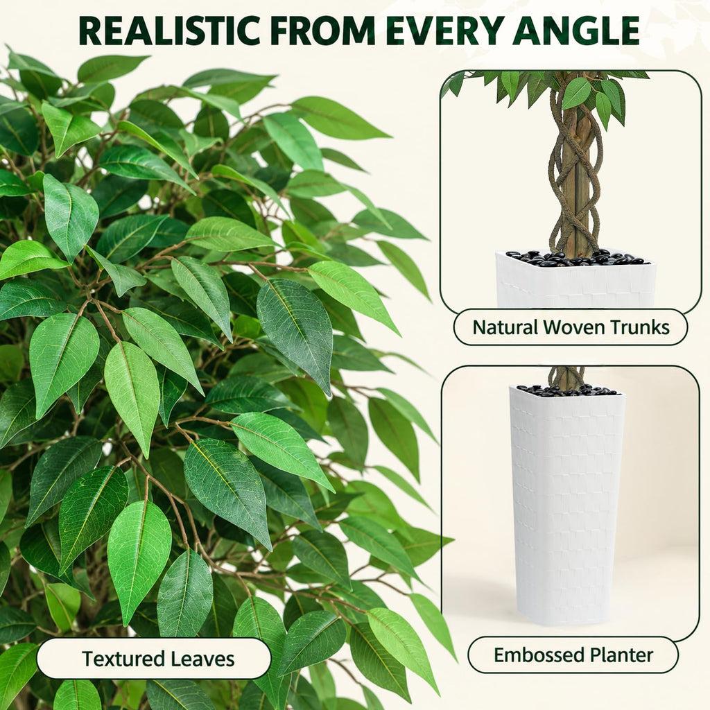 Artificial Ficus Tree 8FT, Large Fake Tree Decor (White Planter)