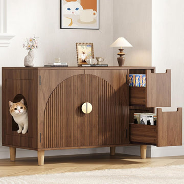 35.4" Wooden Fluted Cat Litter Box Enclosure with 2 Layer Drawers