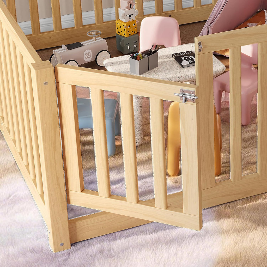 Full Size Kids Montessori Floor Bed with Door,Solid Wood Floor Bed Frame with High Fence for Girls,Boys,Natural