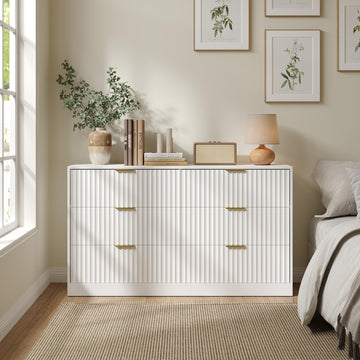 White 6 Drawer, 55" Wide Fluted Chest of Drawers with Gold Metal Handles, Wood Storage Organizer Mid Century TV