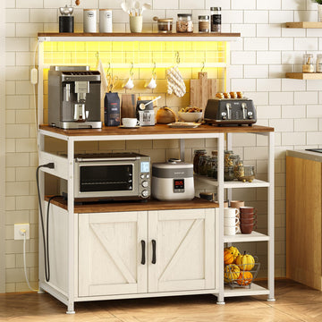 Bakers Rack with Power Outlet and LED Light, Microwave Stand with Storage Cabinet, Coffee Bar Cabinet Station with 6